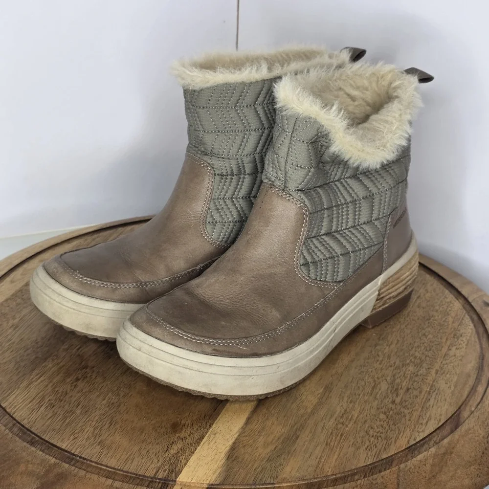 $155‎ Haven Bluff Waterproof Boots Sz 8 Leather Brindle Faux Fur Winter Beige